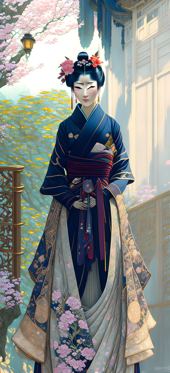 Traditional Japanese attire woman illustration by cherry blossom tree