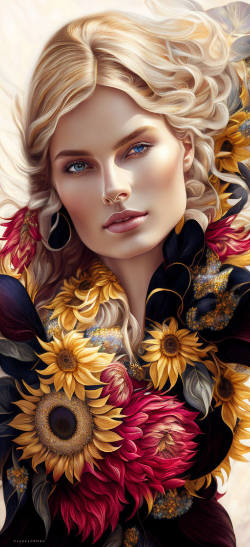 Detailed digital portrait of woman with blonde hair, blue eyes, sunflowers, and dark red blooms