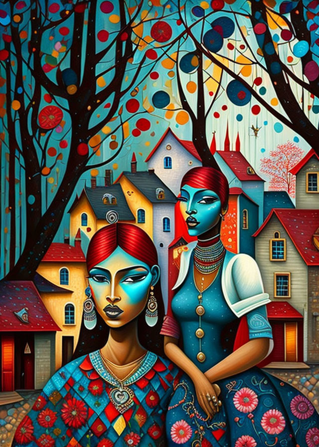 Stylized women with blue skin in ornate attire against vibrant whimsical backdrop