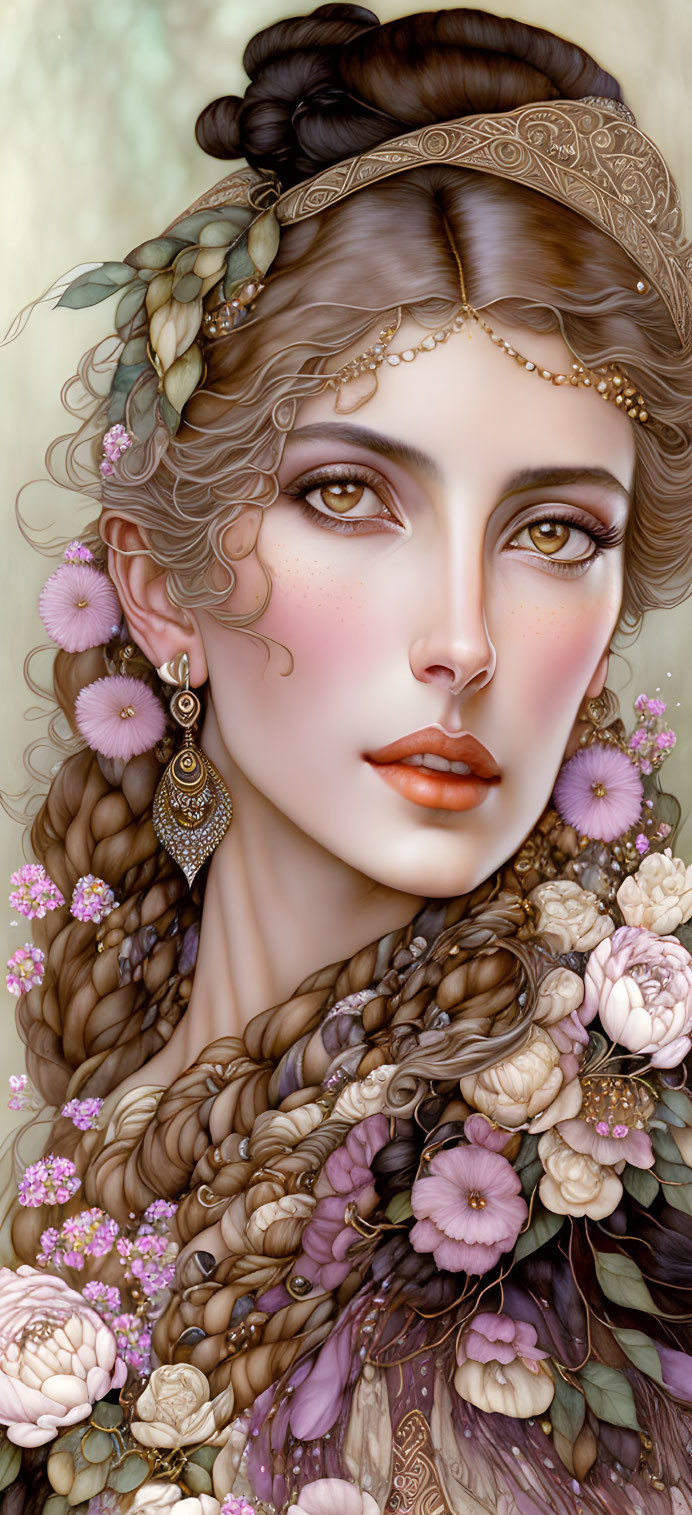 Detailed illustration: Woman with braided hair, floral adornments, ornate headpiece, and elegant