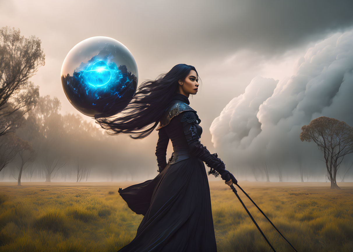 Mysterious woman in black dress with glowing staff in misty field