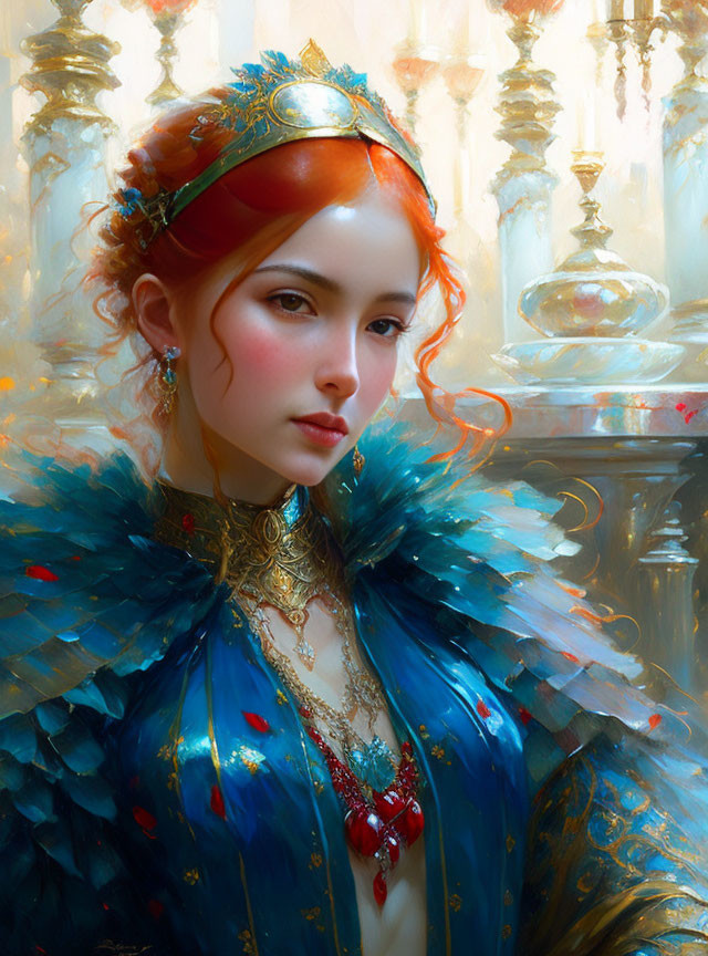 Red-haired woman in blue feathered garment with gold trim and red gem necklace against ornate architecture.