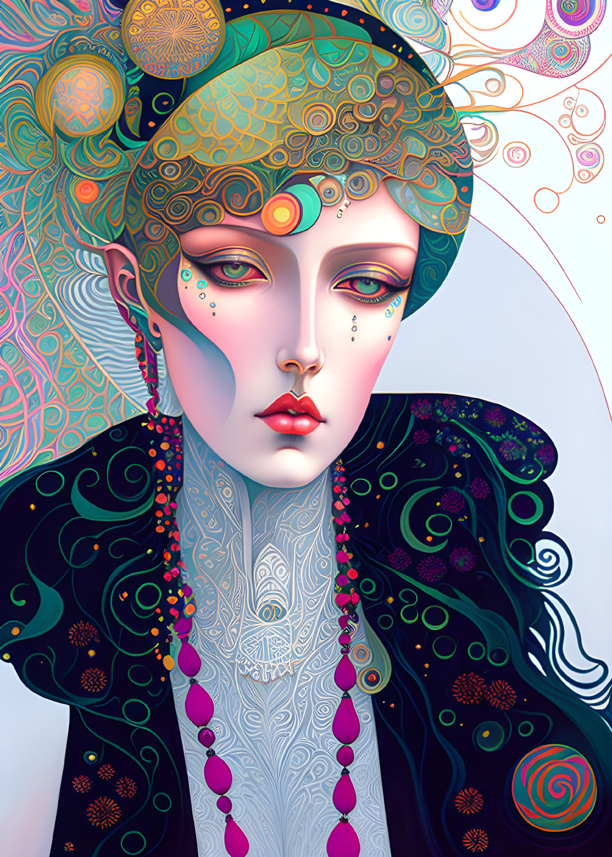 Colorful Stylized Portrait of Woman with Intricate Patterns and Jewelry