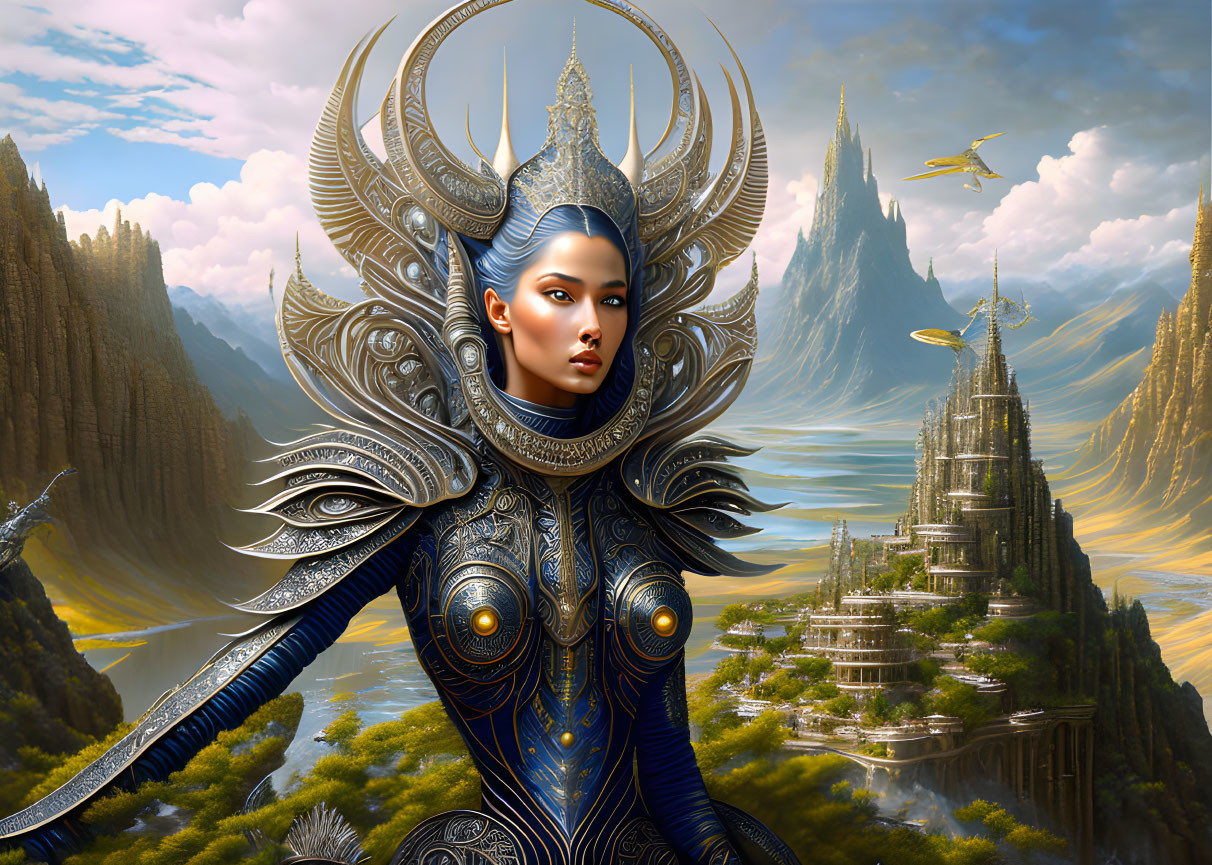 Regal woman in blue-silver armor with majestic headdress in fantasy landscape