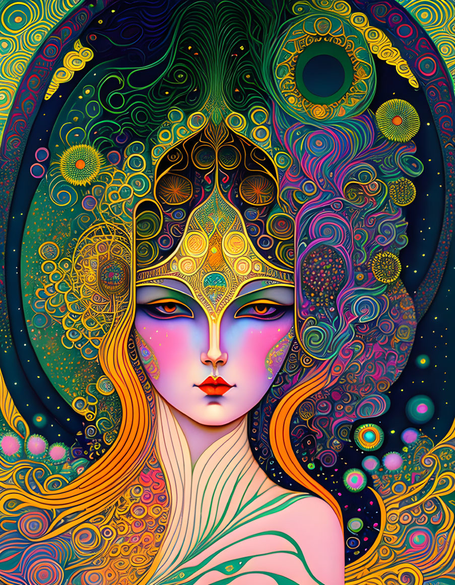 Colorful Artwork of Stylized Woman with Long Hair and Ornate Headdress