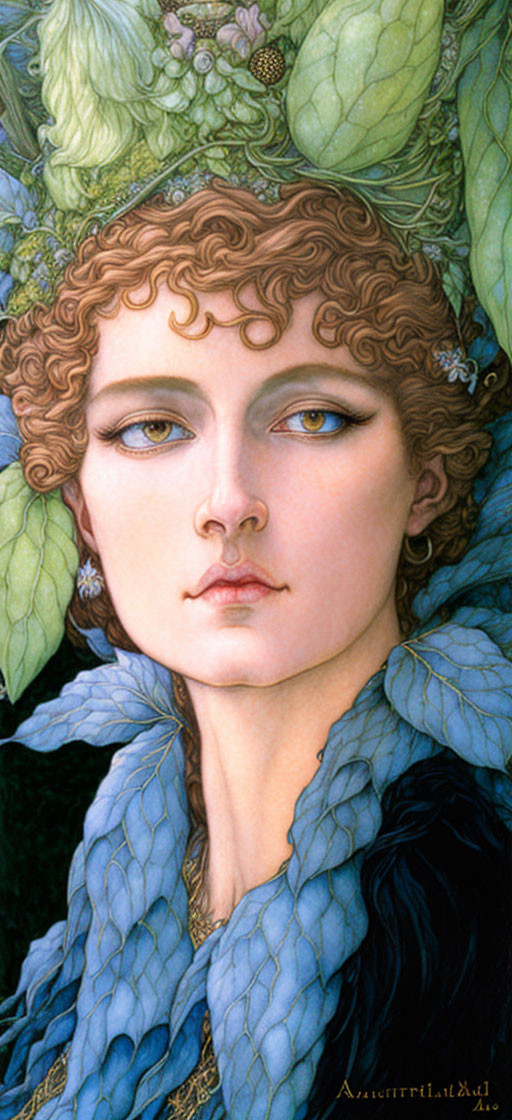 Art Nouveau Style Woman Illustration with Curly Hair and Intense Gaze surrounded by Greenery