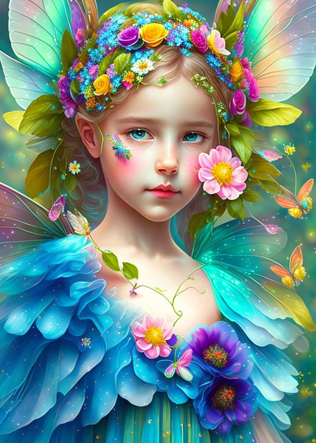 Young fairy digital artwork with blue butterfly wings and floral wreath surrounded by vibrant flowers and small butterflies.