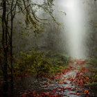 Rain-soaked pathway in misty forest with green foliage & autumn leaves