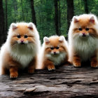 Three Fluffy Orange Cats on Wooden Surface with Dark Forest Background