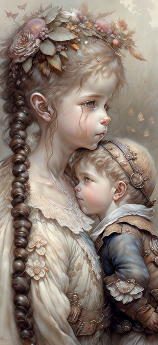 Digital painting: Girl with flower crown and braided hair embracing younger child in vintage attire