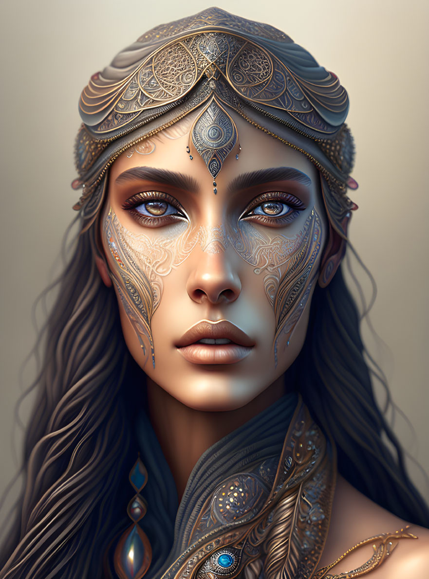 Digital Artwork: Woman with Metallic Face Tattoos & Blue Eyes