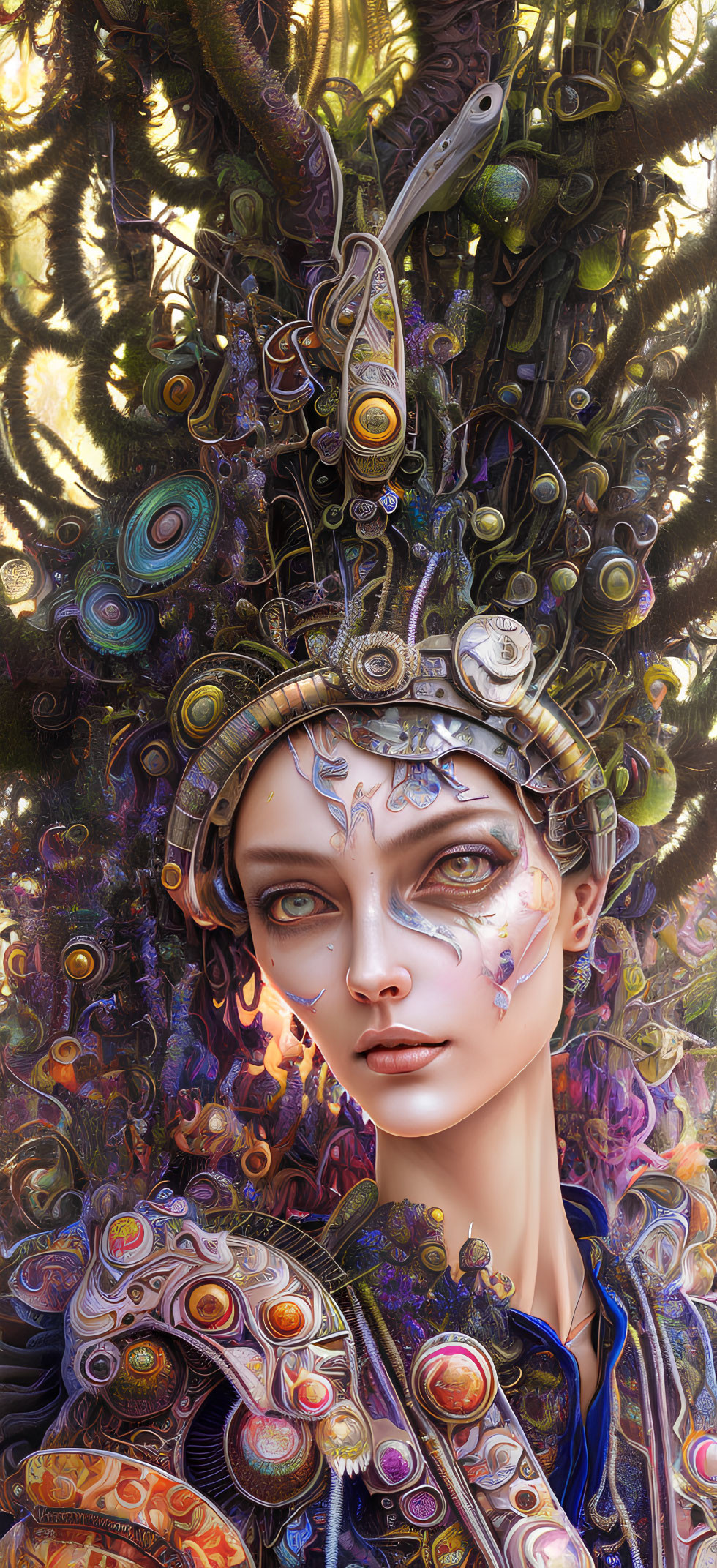 Digital artwork of woman with colorful headdress against fantastical flora