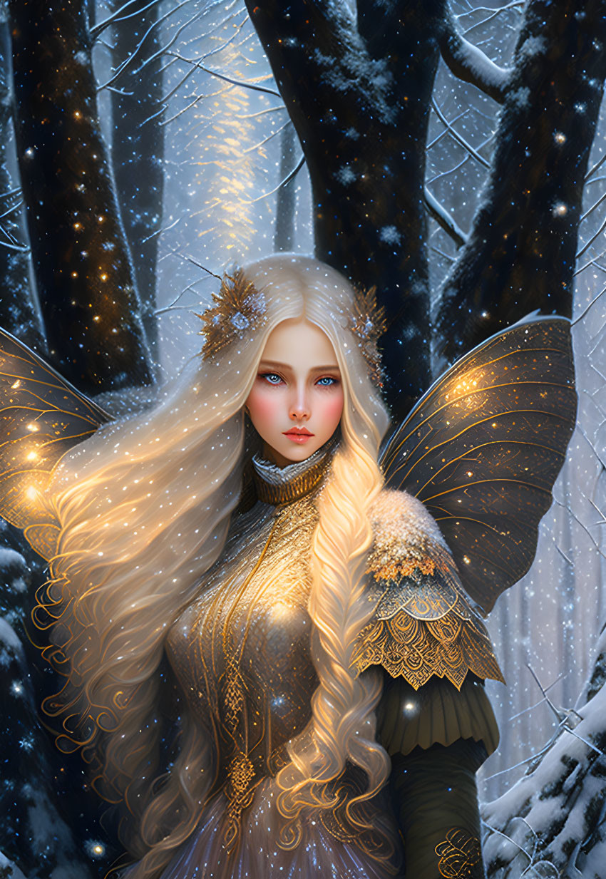 Blonde-haired figure with butterfly wings in snowy forest