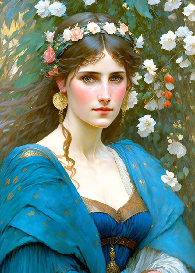 Woman in Floral Crown and Blue Dress Surrounded by Green Foliage and White Flowers