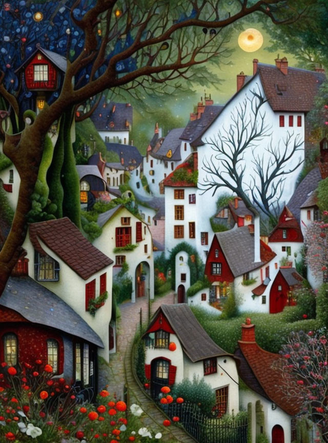 Colorful village painting with full moon and large tree