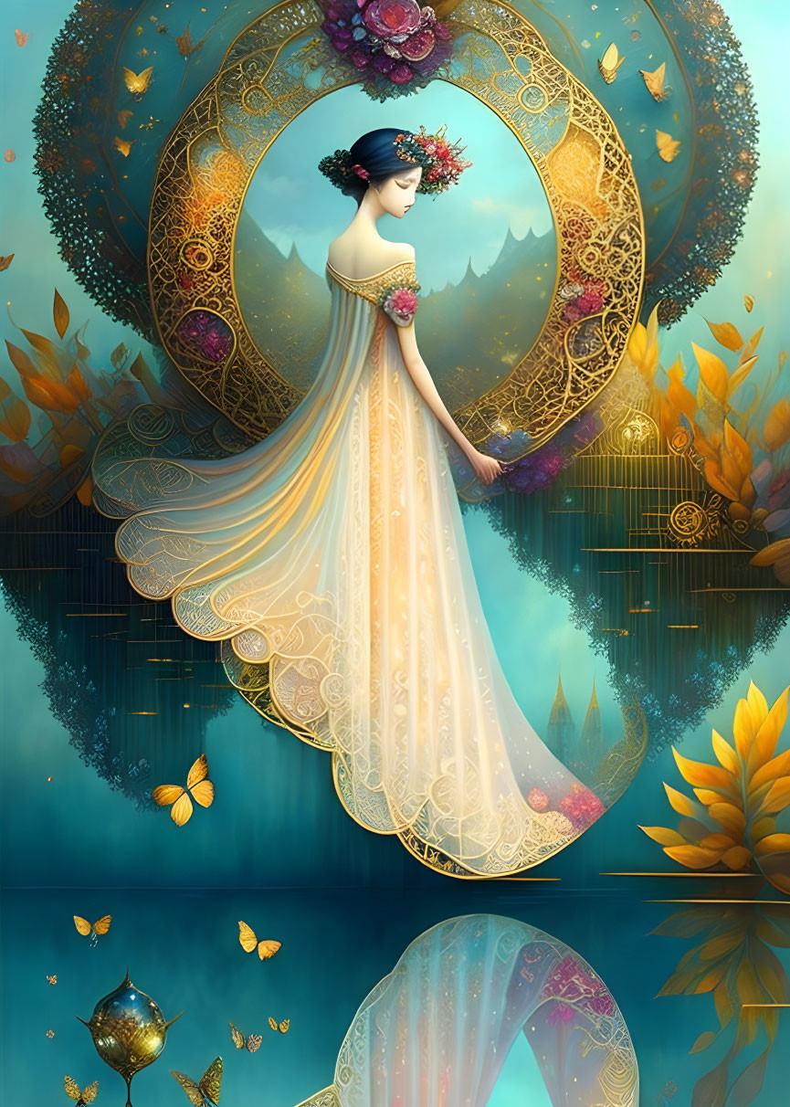 Ethereal woman in ornate gown surrounded by butterflies and reflections