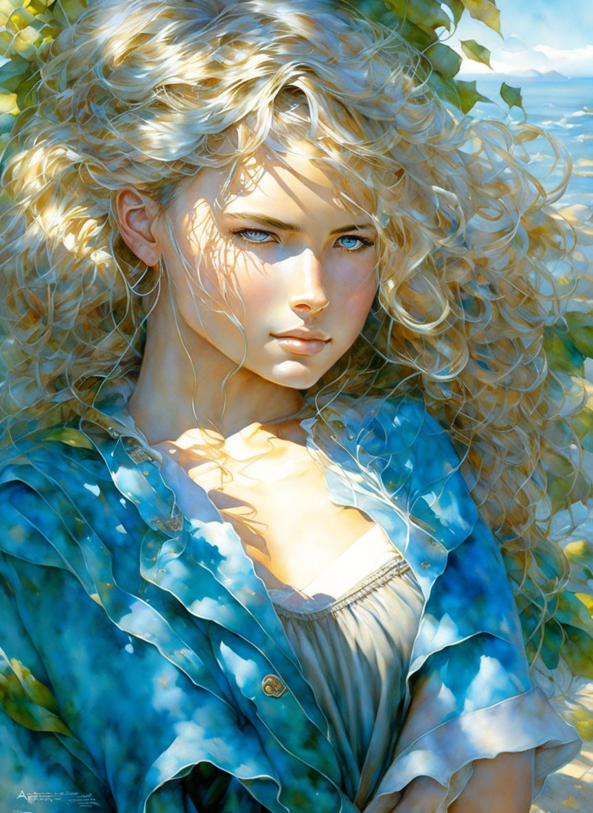 Blonde Woman in Blue Blouse with Sunlit Background