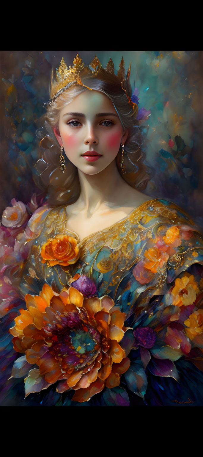 Regal woman with golden crown in orange and blue floral dress