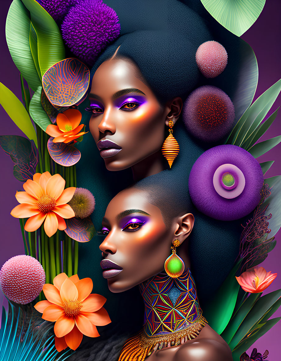 Colorful Illustration of Two Women with Vibrant Makeup and Exotic Flowers