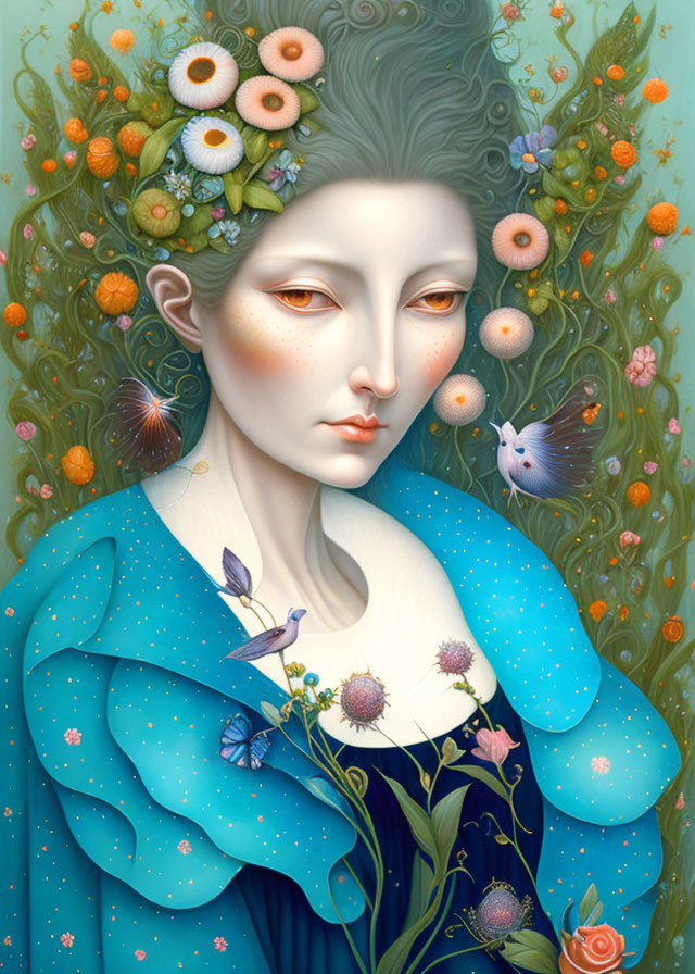 Illustration of serene woman with pale skin, green hair adorned with flowers and birds, in blue r