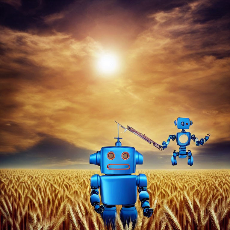 Blue robot and flying companion in golden wheat field at sunset