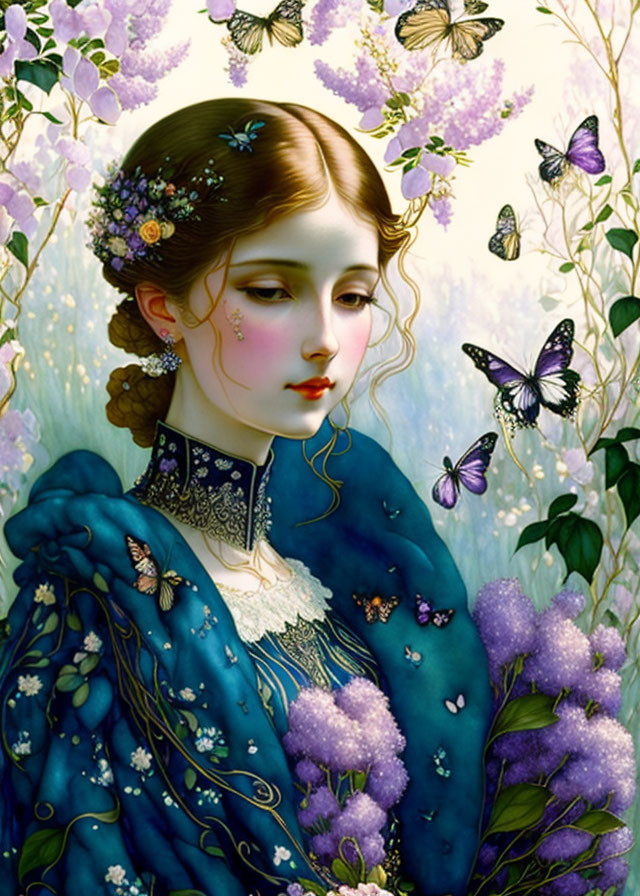 Illustrated portrait of young woman with porcelain skin, surrounded by butterflies and flowers in detailed blue gown