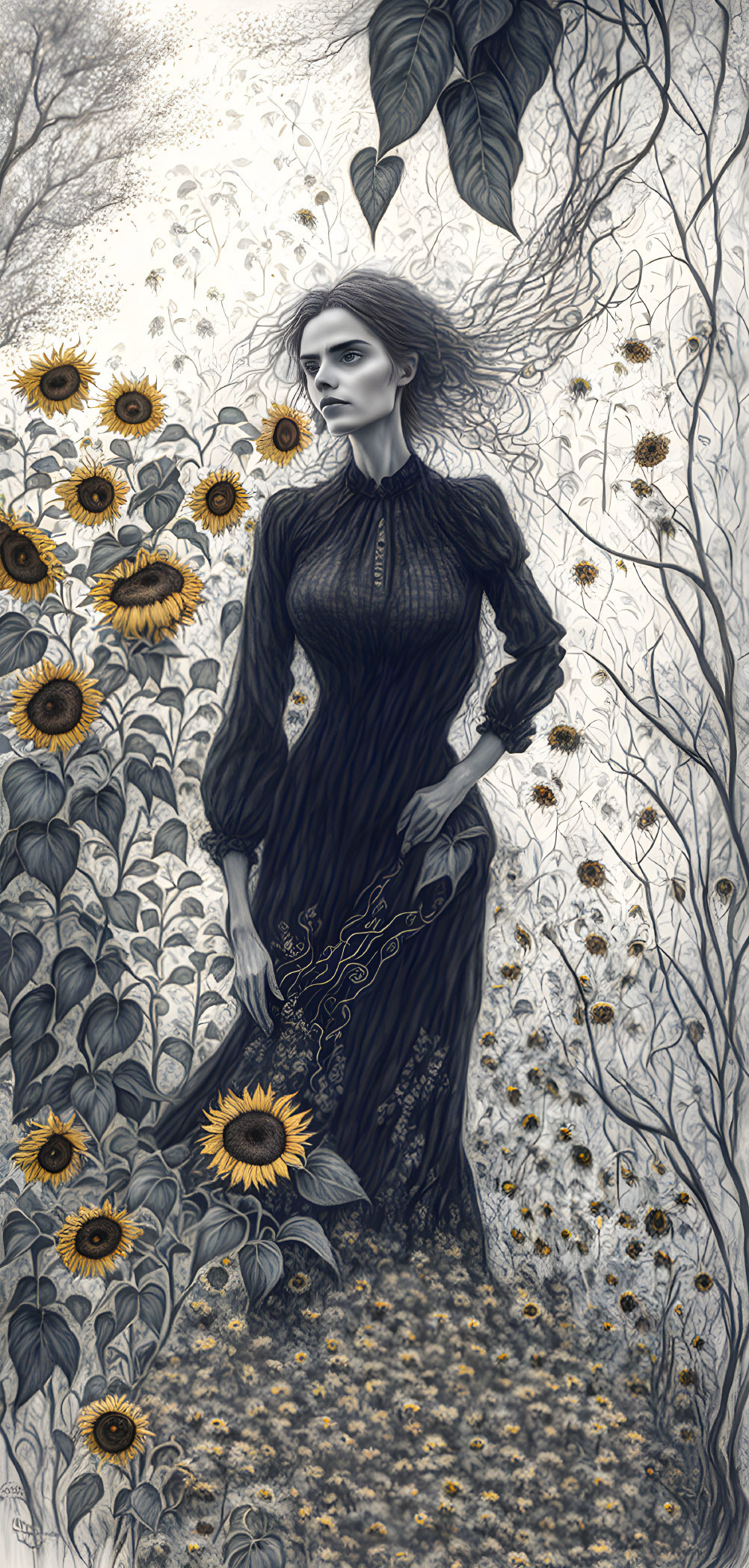 Monochromatic image of woman in long dress surrounded by sunflowers and intricate foliage