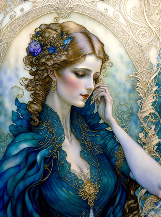 Detailed illustration of fair-skinned woman in blue and gold attire with intricate jewelry.