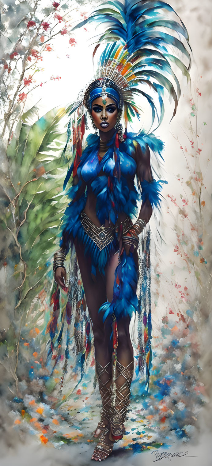 Colorful woman with blue and green feathered headdress in vibrant artwork