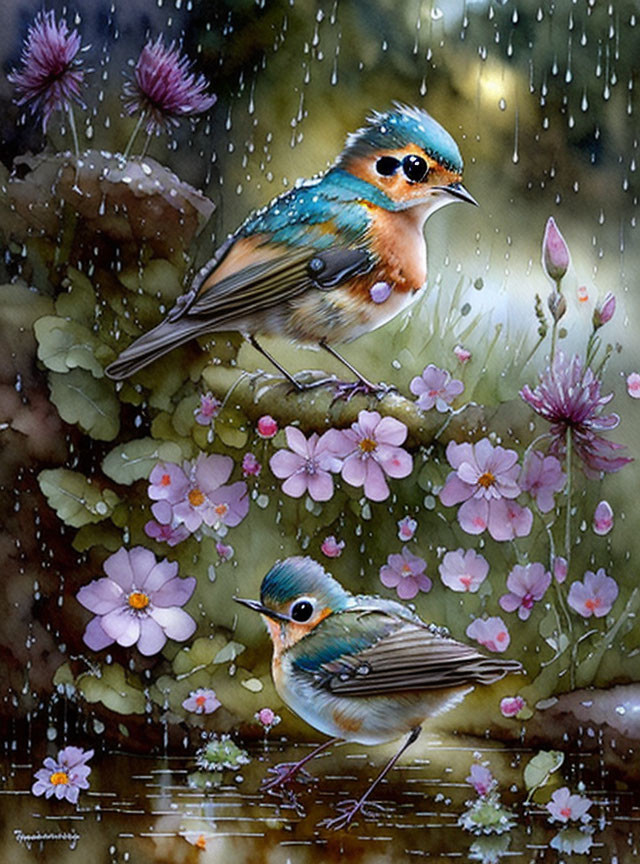 Colorful Birds Perched Among Pink Flowers in Gentle Rain