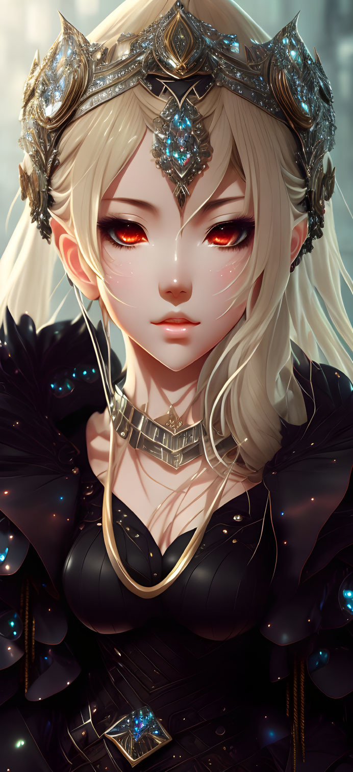 Regal figure with pale skin, red eyes, platinum blonde hair, gold crown, blue attire