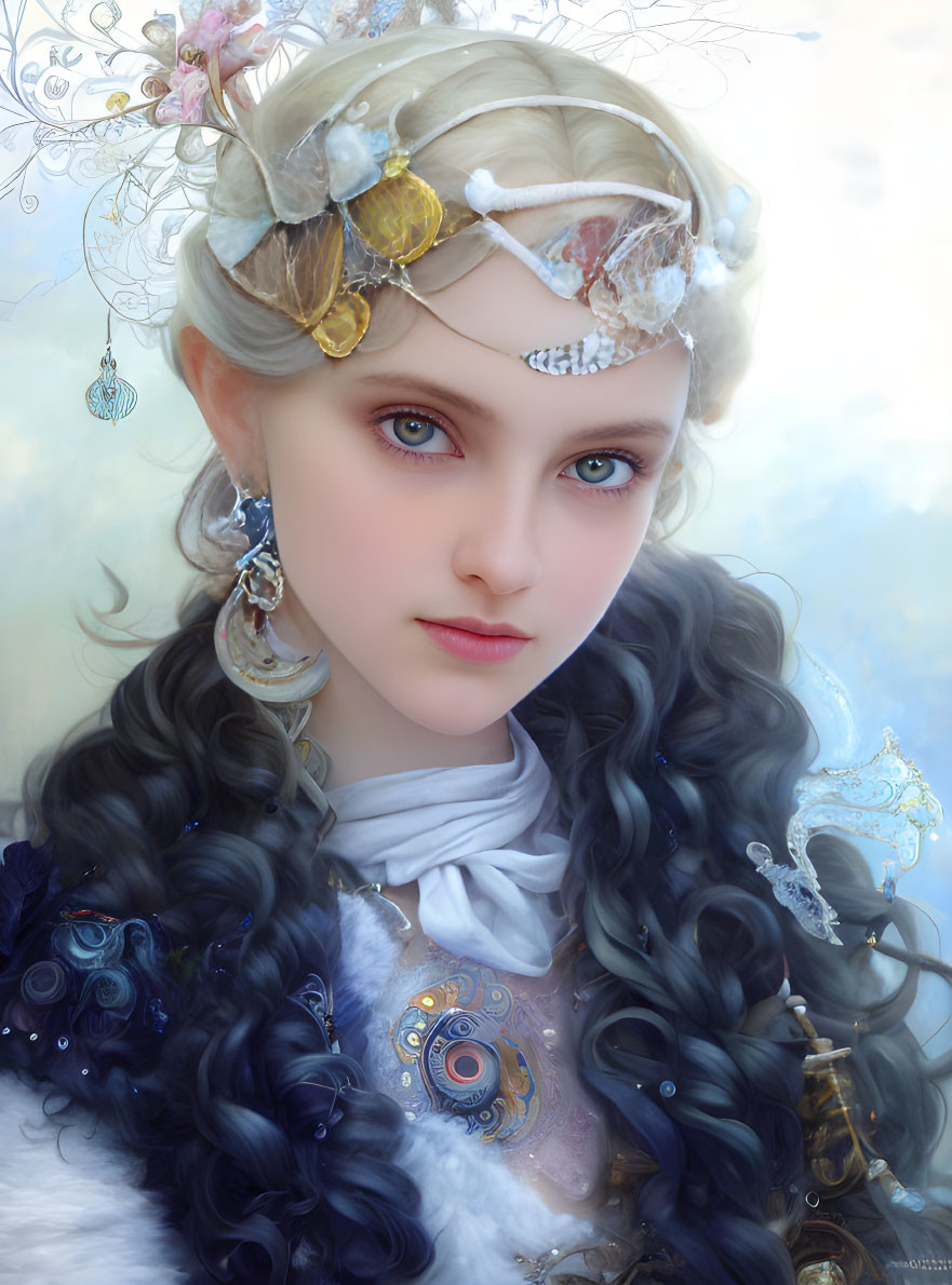 Fantasy character portrait with elaborate blue and gold jewelry and headpiece