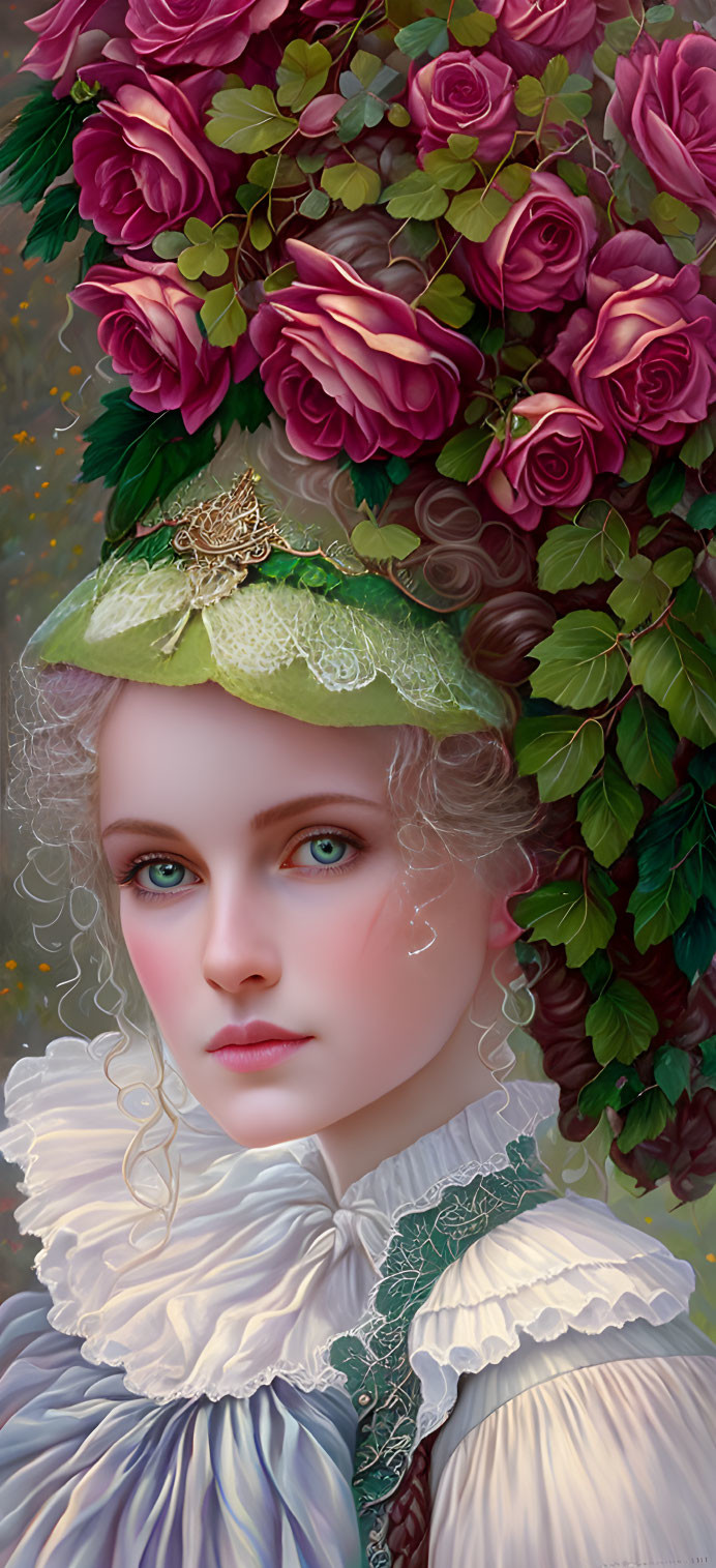 Portrait of Woman with Rose Crown and Dragonfly Brooch in Vintage Floral Setting