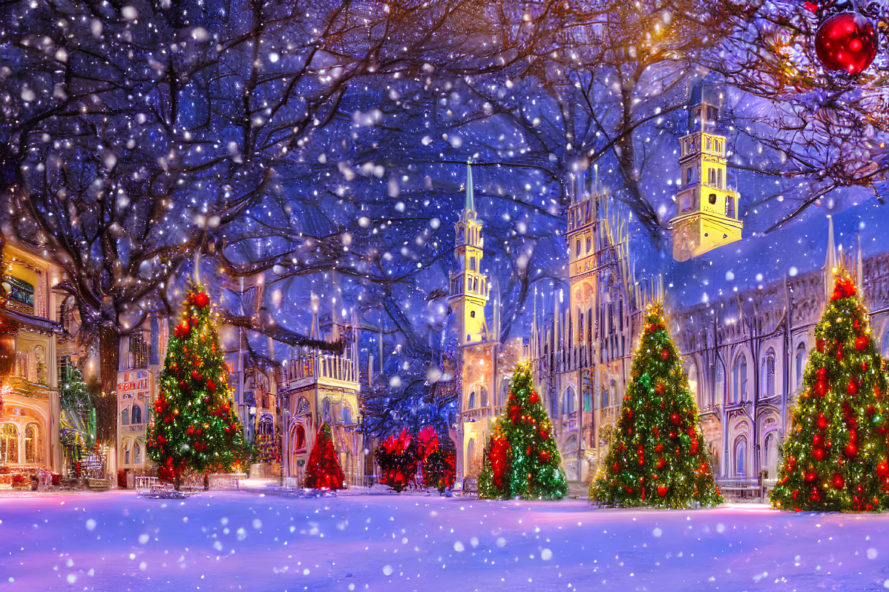 Snow-covered city scene with Christmas trees, colorful buildings, and glowing lights