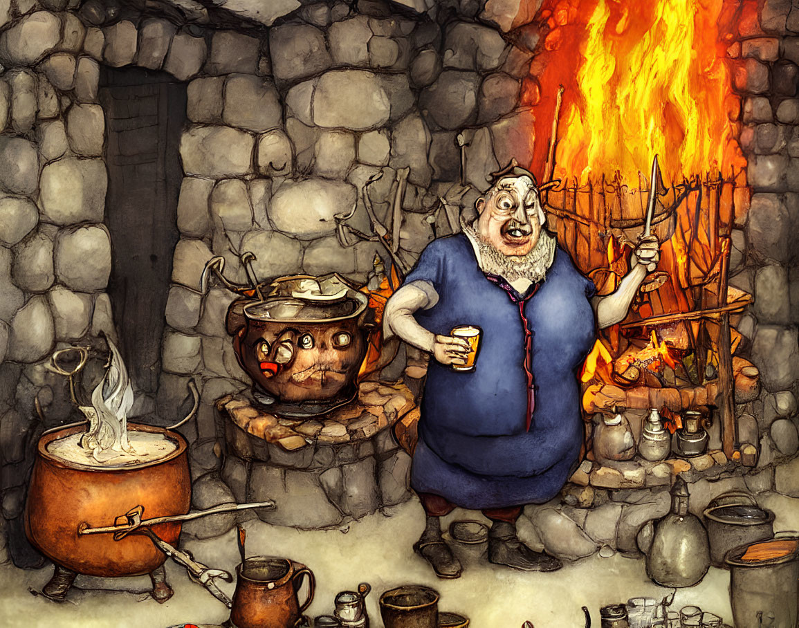 Cheerful person in blue apron by blazing hearth with cooking pots and animated teapot