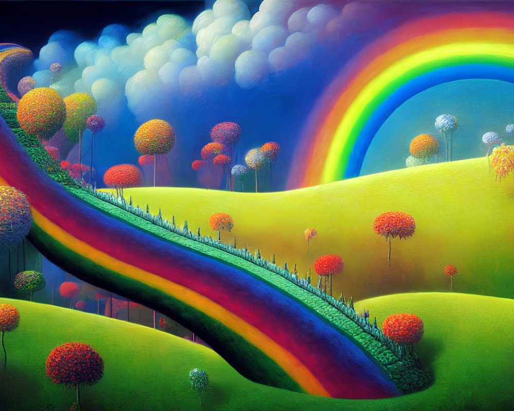 Colorful landscape with rainbow, green hills, and reflective path