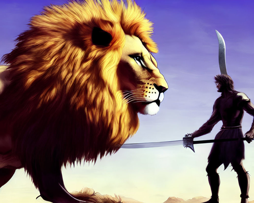 Fantasy illustration of a muscular man with a spear and giant lion under purple sky