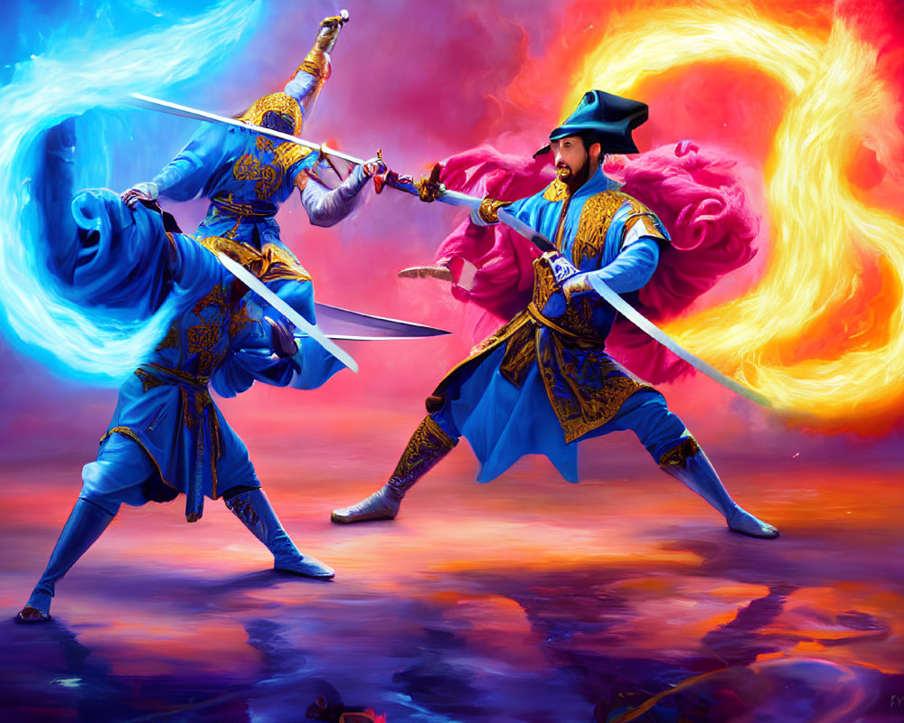 Warriors in Blue Armor Duel Amid Swirling Red and Pink Clouds