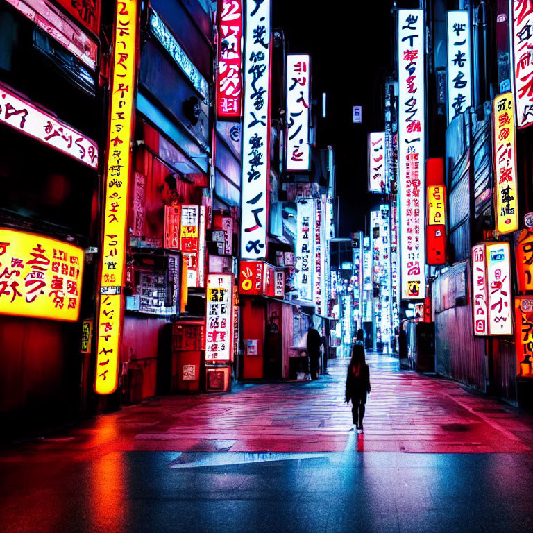 Neon-lit Japanese signs on city street at night with solitary figure