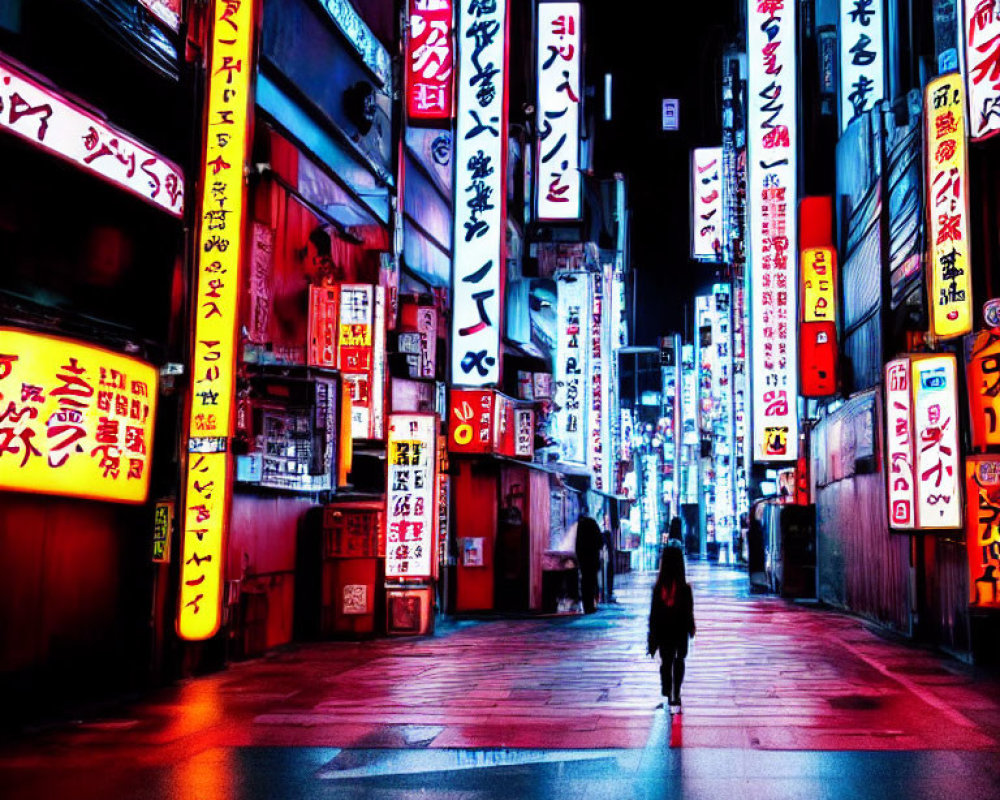 Neon-lit Japanese signs on city street at night with solitary figure