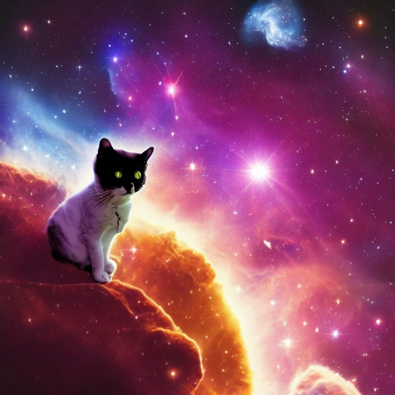 Black and white cat against cosmic backdrop with stars and nebulae