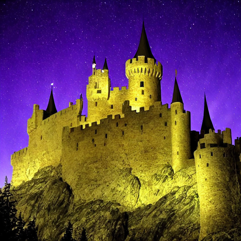 Majestic castle illuminated under starry night sky