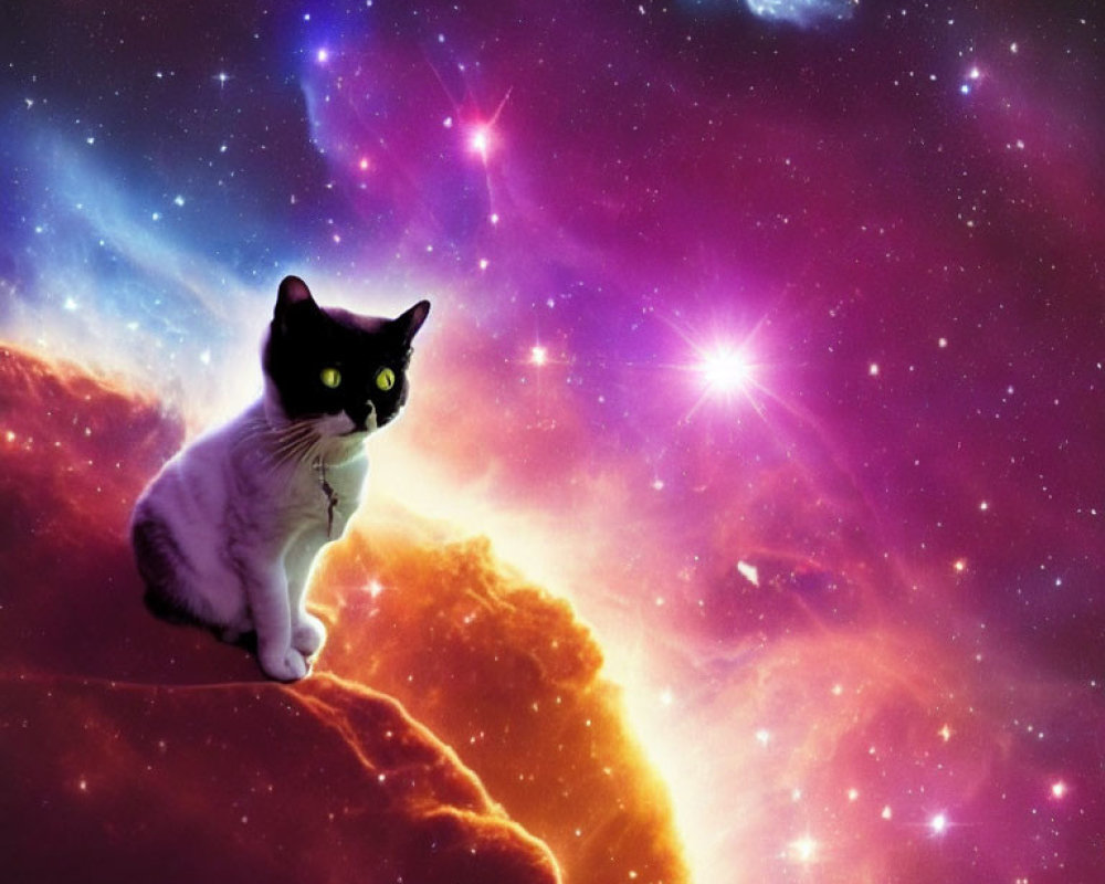 Black and white cat against cosmic backdrop with stars and nebulae