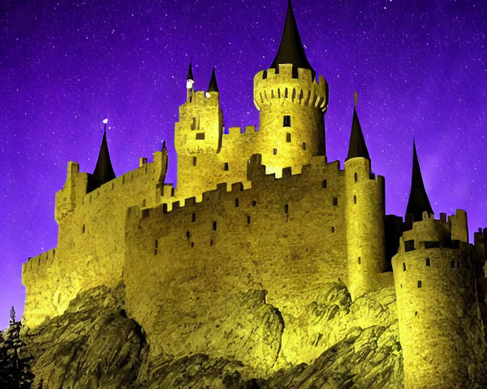 Majestic castle illuminated under starry night sky