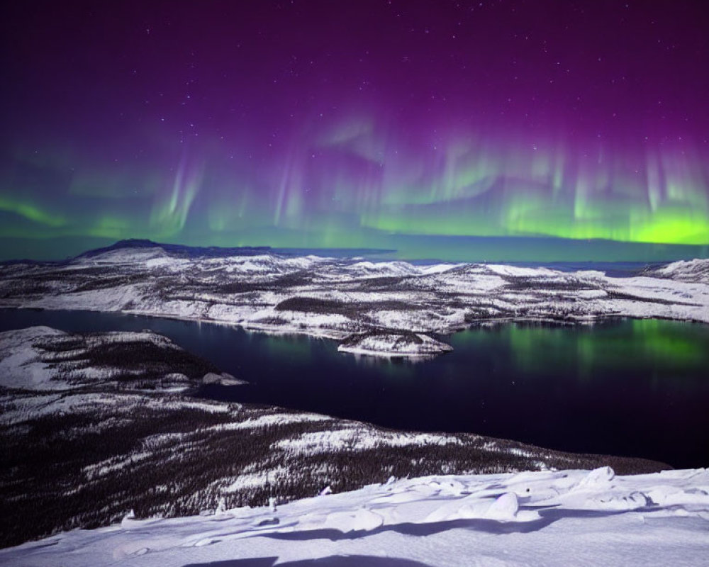 Majestic aurora borealis illuminating snowy landscape