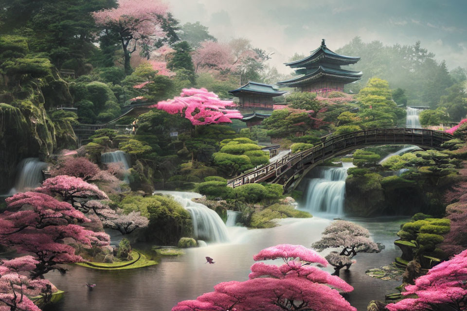 Japanese garden with cherry blossoms, waterfall, bridge, and pagoda in misty setting