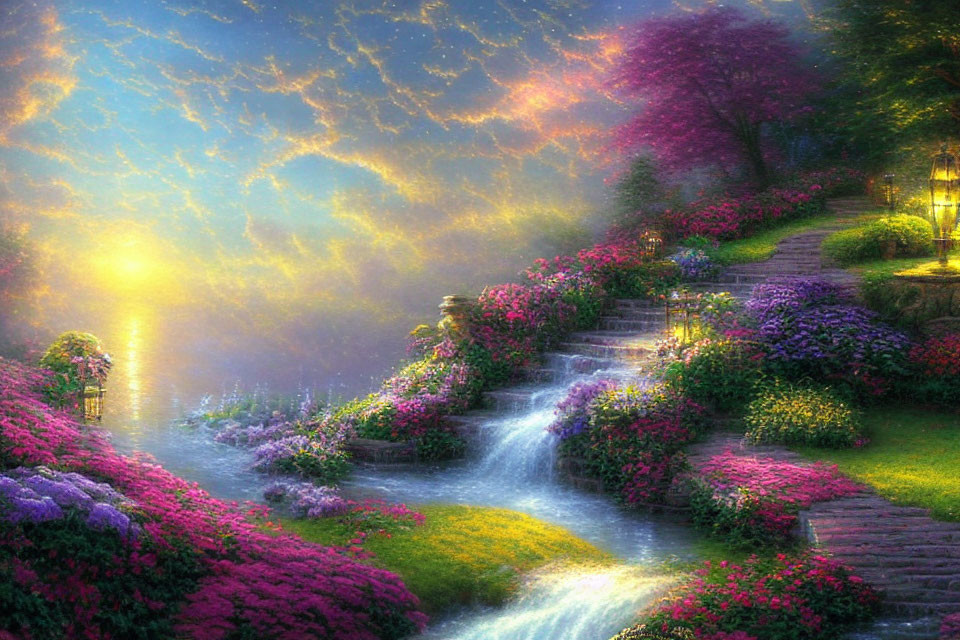 Colorful surreal landscape with waterfall, staircase, flowers, lamp posts, and sunset.