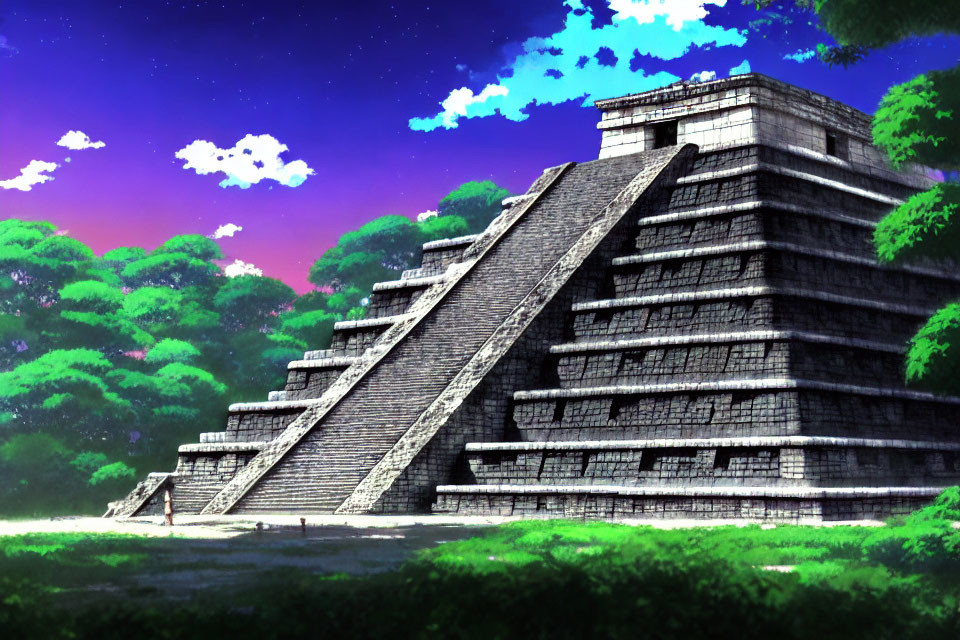 Ancient pyramid with staircases under starry twilight sky surrounded by lush greenery