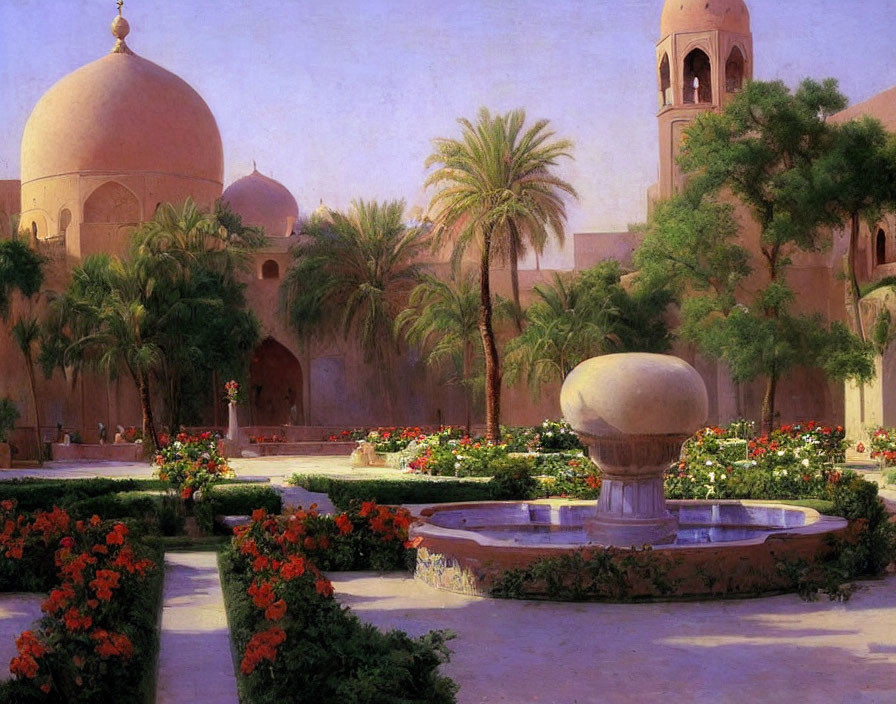 Tranquil garden with geometric flowerbeds, fountain, and domed buildings