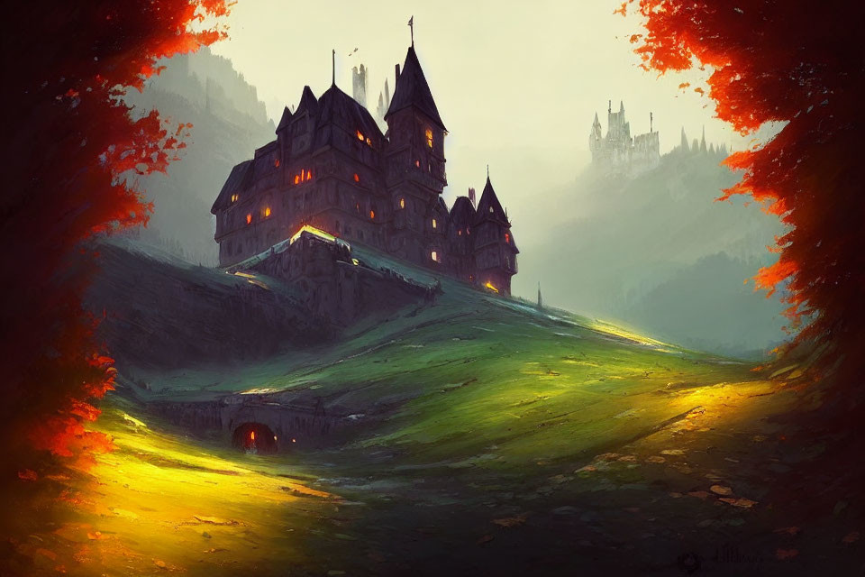 Enigmatic castle on hill at dusk with warm light and autumn forest